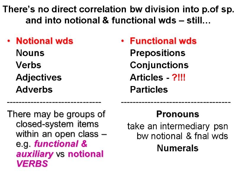 There’s no direct correlation bw division into p.of sp. and into notional & functional